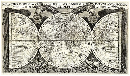 Johannes Keplerren Tabulae Rudolphinae (1627). Dagoeneko Terra Australis existitzen ote zen zalantzan zegoen, eta izatekotan Amerikaren hegoaldean.