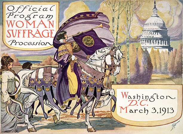 圖為第一次婦女參政權遊行的場刊封面，發生於111年前今天的華盛頓。