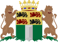 blason constitué d'un drapeau vert et blanc et de quatre lions en miniature encadré par deux lions de part et d'autre et surmonté par une couronne jaune