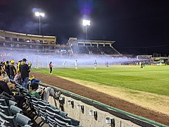 Smoke from a smoke bomb lingers in the San Antonio penalty area following the start of the October 20th, 2021 regular season match versus New Mexico United at Isotopes Park.jpg
