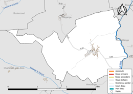 Carte en couleur présentant le réseau hydrographique de la commune