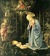 菲利波·利皮的《神秘降生（英语：Mystical Nativity (Filippo Lippi)）》，129.5 × 118.5cm，约作于1459年，1821年购入，来自爱德华·索利（英语：Edward Solly）的收藏[18]