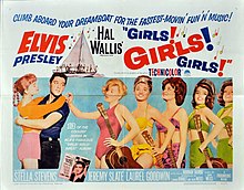 Movie poster with Presley on the left, holding a young woman around the waist, her arms draped over his shoulders. To the right, five young women wearing bathing suits and holding guitars stand in a row. The one in front taps Presley on the shoulder. Along with title and credits is the tagline "Climb aboard your dreamboat for the fastest-movin' fun 'n' music!"