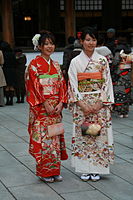 成人式で派手な色の振袖を着た若い女性ふたり（2008年、明治神宮にて）