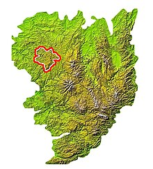 Carte topographique du Massif central, le plateau de Millevaches étant souligné dans le quart nord-ouest.