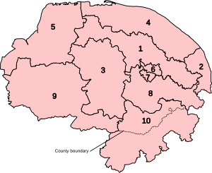 Numbered map of the parliamentary constituencies of Norfolk created by the 2023 boundary review and first used at the 2024 UK general election.