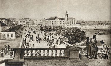 Norrbro på 1840-talet. I förgrunden syns bland andra publicisten Lars Johan Hierta.