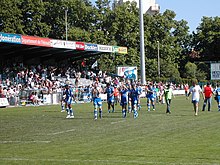 Les joueurs marchent devant la tribune et applaudissent les spectateurs.