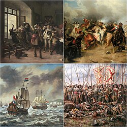 Fentről balról jobbra: a prágai defenesztráció (1618. május 23.) • II. Gusztáv Adolf halála a lützeni csatában (1632. november 16.) • holland csatahajók a downsi csata előtt (1639. október 21.) • a rocroi-i csata (1643. május 19.)