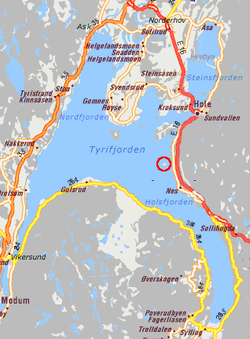 Ligging van Utøya in die Tyrifjorden