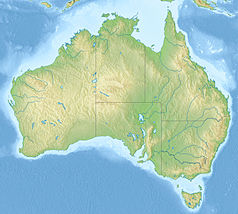 Mapa konturowa Australii, blisko prawej krawiędzi znajduje się punkt z opisem „Moreton”