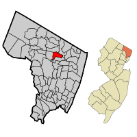Location of Westwood in Bergen County highlighted in red (left). Inset map: Location of Bergen County in New Jersey highlighted in orange (right).