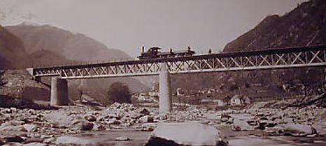 Lower Bridge over the Ticino River with Giornico in the background during the construction of the Gotthardbahn, ca. 1875