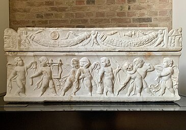 Roman sarcophagus with a procession of drunk putti, which belongs to a child, with a procession of drunk putti, mid-2nd century AD, marble, Neues Museum, Berlin