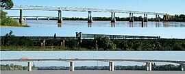 The three bridges of Cubzac. From top: Eiffel bridge, Railway bridge, Motorway bridge