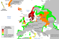 A térkép ábrázolja a skandinávok lakta, illetve befolyásuk alatt álló területeket