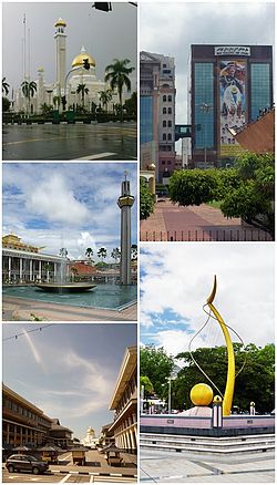 From top left: Sultan Omar Ali Saifuddin Mosque, Sir Muda Omar Ali Saifuddin Park, Lapau Diraja, Mercu Dirgahayu and Downtown Bandar Seri Begawan.