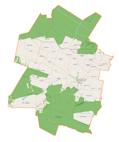 Mapa konturowa gminy Bodzentyn, blisko centrum u góry znajduje się punkt z opisem „Skorucin”