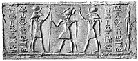 Selo cilíndrico egípcio-assírio, combinando a escrita cuneiforme assíria com divindades egípcias.