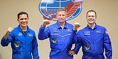 Zleva: Rubio, Prokopjev, Petělin, den před startem Sojuzu MS-22, 21. září 2022