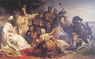 Charlemagne auprès d'Haroun al-Rachid, calife de Bagdad. Cette délégation aurait été conduite par un marchand radhanite et deux nobles. Hârûn ar-Rachid reçoit une délégation de Charlemagne, Julius Köckert, 1864, huile sur toile, Maximilianeum Foundation, Munich