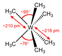 Stereo, skeletal formula of hexamethyltungsten with all implicit hydrogens shown, and assorted dimensions