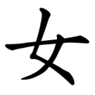 Tecknet 女 (kvinna) skrivet med orakelbensskrift (vänster) och normalstil (höger)