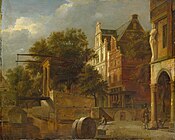 Jan van der Heyden (cityscape) and Adriaen van de Velde (figures). The drawbridge label QS:Len,"The drawbridge" label QS:Lpl,"Most zwodzony" label QS:Lnl,"De ophaalbrug" 1660-1712. oil on panel medium QS:P186,Q296955;P186,Q106857709,P518,Q861259 . 36 × 44.5 cm (14.1 × 17.5 in)cm. Amsterdam, Rijksmuseum Amsterdam.