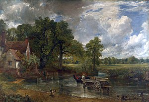 An oil painting of a large steerable cart being drawn by two strong horses through a river.