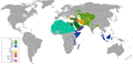 کشورها با اکثریت مسلمان به رنگ سبز و کشورها با دست کم ۵۰ درصد مسلمان به رنگ زرد