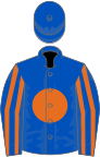 Royal blue, orange disc, striped sleeves