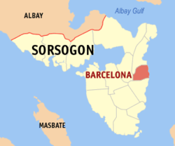 Mapa ng Sorsogon na nagpapakita sa lokasyon ng Barcelona.