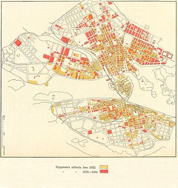 Lindhagenplanens genomförande 1886 (vänster) och byggverksamhetens utveckling 1875 - 1896.