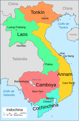 Mapa de la Indochina francesa. Annam (amarillo) hacia el centro.