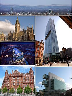 Myötäpäivään ylhäältä: näkymä keskustaan; Beetham Tower; Manchester Civil Justice Centre; Midland Hotel; One Angel Square; Manchesterin kaupungintalo