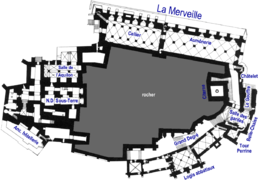 Plano del primer nivel, o piso, de la abadía y los edificios anexos.