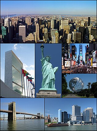 Dari kiri atas: Midtown Manhattan, Ibu Pejabat PBB, Patung Liberty, Times Square, Unisphere di Queens, Jambatan Brooklyn, dan Lower Manhattan dengan Staten Island Ferry