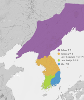 Carte de Corée. Dans la moitié nord le Palhae, au centre le Koguryŏ, et au sud-ouest le Paekche et au sud-est le Silla.