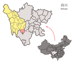 Jiulong County (red) in Garzê Prefecture (yellow) and Sichuan