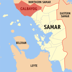 Mapa ng Samar na nagpapakita ng kinaroroonan ng Calbayog