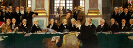 Фрагмент картины «Подписание мира в Зеркальном зале». Изображено подписание Версальского договора 1919 г..