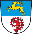 Gemeinde Ustersbach Geteilt von Blau und Silber; oben ein aufspringender goldener Hirsch, unten ein wachsender roter Abtsstab.