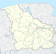 Mapa konturowa powiatu wejherowskiego, blisko prawej krawiędzi na dole znajduje się punkt z opisem „Dobrzewino”