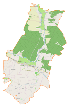 Mapa konturowa gminy Ćmielów, blisko centrum po lewej na dole znajduje się punkt z opisem „Ćmielów”