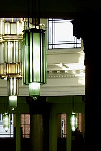 Angular chandeliers by Lanchester & Lodge (c. 1929–1936), Brotherton Library, University of Leeds, West Yorkshire, UK[143]