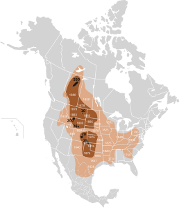 Carte du déclin de la population et de la répartition du bison jusqu'en 1889 d'après le travail de William Hornaday. Répartition précoloniale Répartition en 1870 Répartition en 1889.