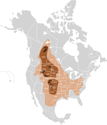 Mappa dello sterminio dei bisonti fino al 1889, basata sulle ricerche di William Temple Hornaday (fine XIX secolo).      Area originale      Situazione al 1870      Situazione al 1889