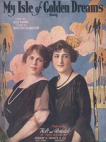 Two white women wearing black dresses against a blue background, on the cover of sheet music with the title "My Isle of Golden Dreams"