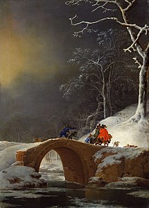 Jan Asselijn, Paysage avec des chasseurs sur un pont, toile contrecollée sur bois, 497 × 358 mm, vers 1647. Acquise en 1953.