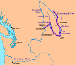 Karta över Kootenay River, dess huvudbifloder sjöar och större städer.